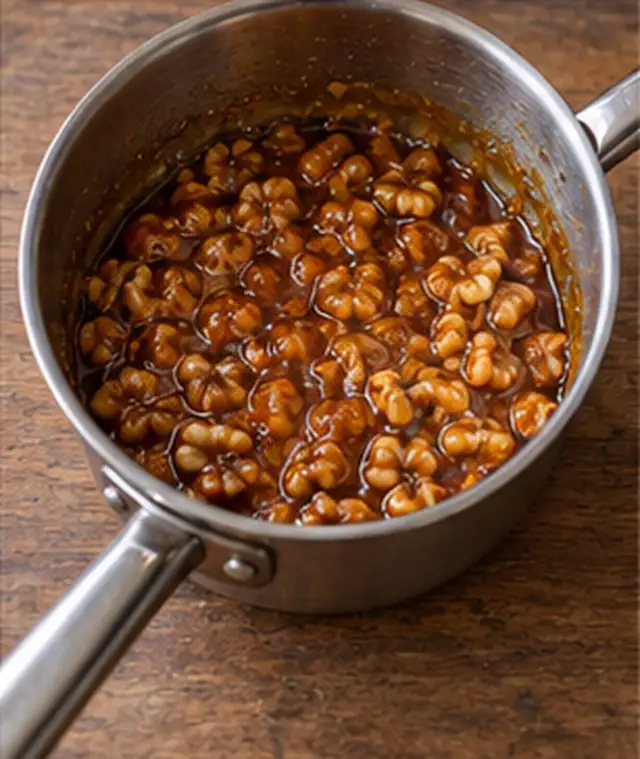 Mélanger beurre et noix : Noix entièrement enrobées de caramel.