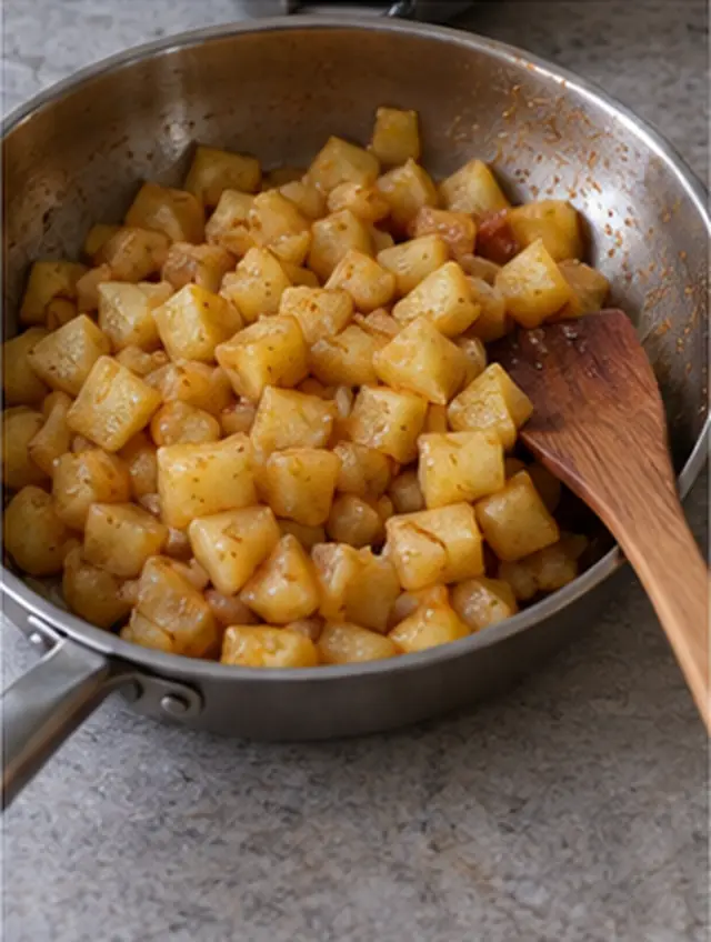 Faire revenir les fruits : Pommes tendres, jus en réduction.