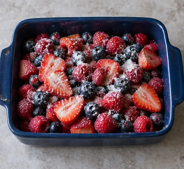 Enrober puis remplir le plat : Fruits enrobés, marge dans le plat.