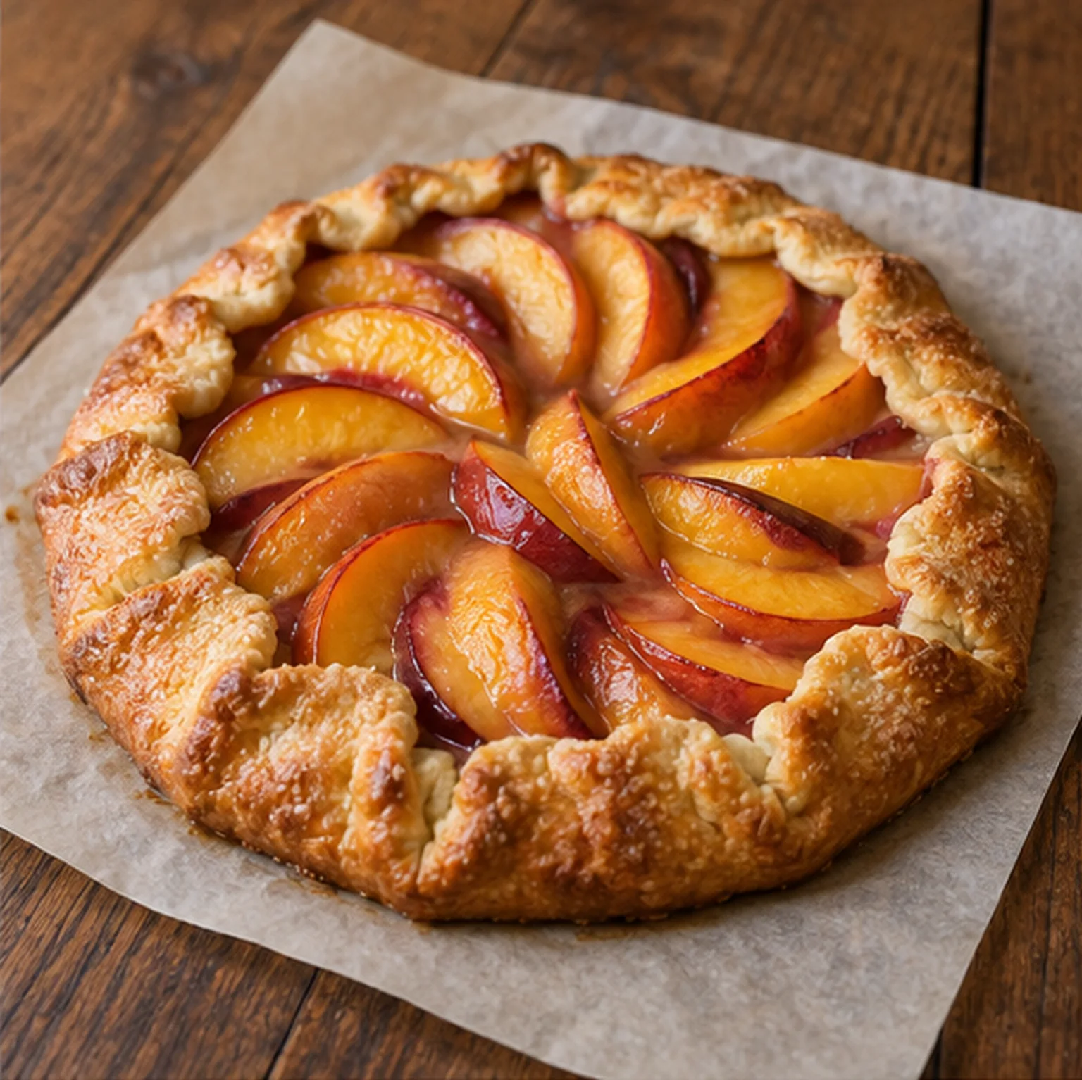 Tarte rustique aux pêches maison : pâte dorée et garniture visible