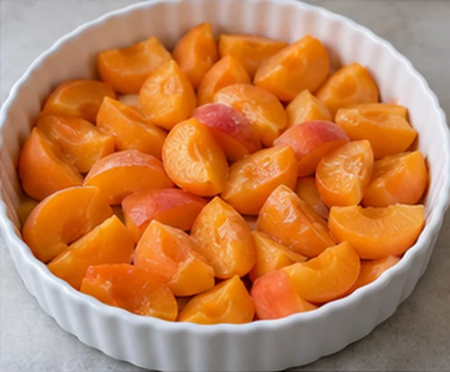 Répartir dans le plat : Fruits régulièrement répartis.
