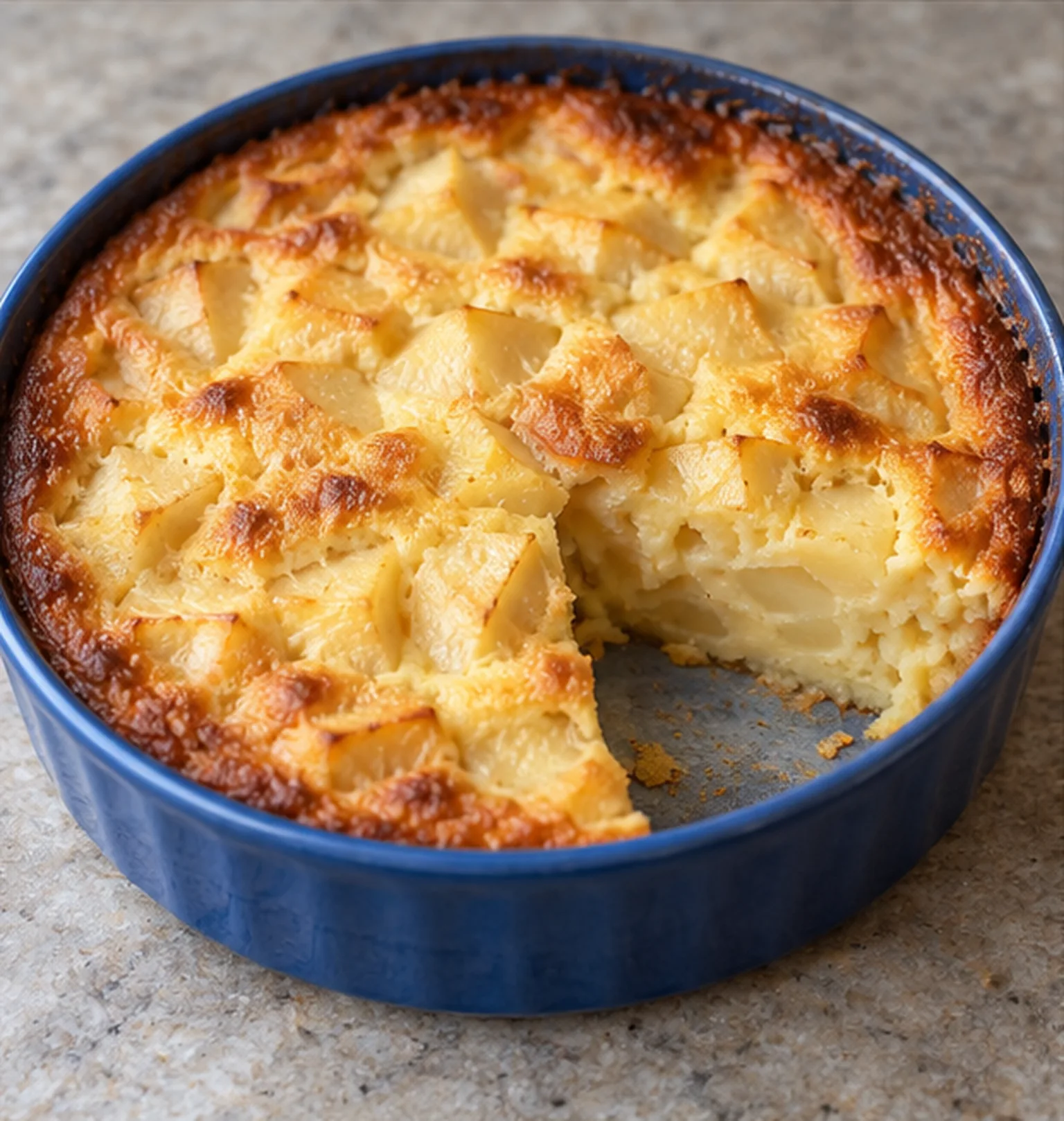 Clafoutis aux pommes maison : appareil doré et fruits répartis dans le plat