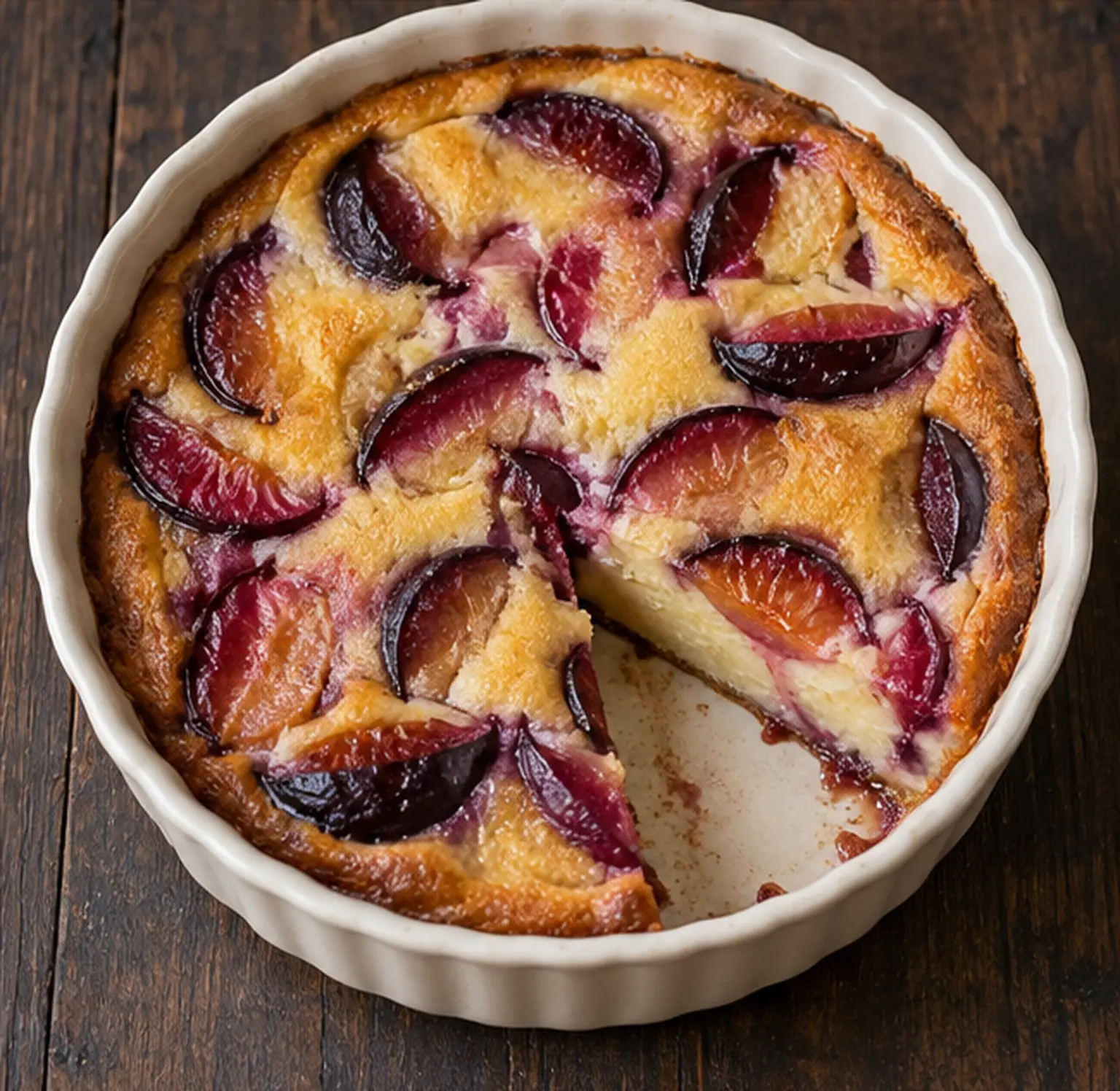 Clafoutis aux prunes maison : appareil doré et fruits répartis dans le plat