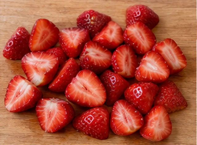 Préparer les fraises : Fraises sèches, morceaux réguliers.