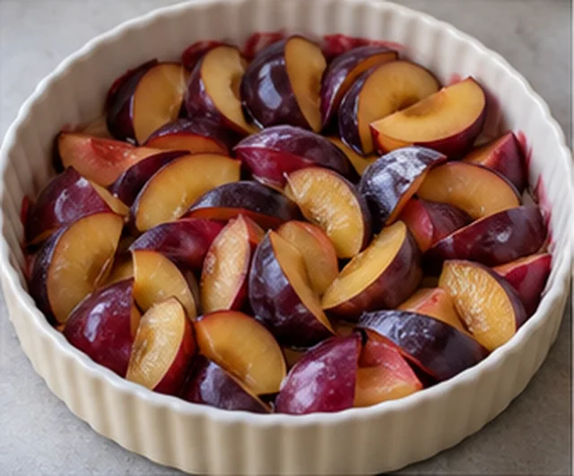 Répartir dans le plat : Fruits régulièrement répartis.