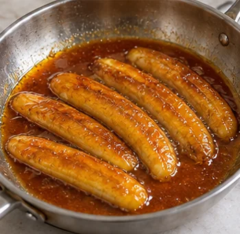 Détendre le caramel : Sauce homogène autour des fruits.