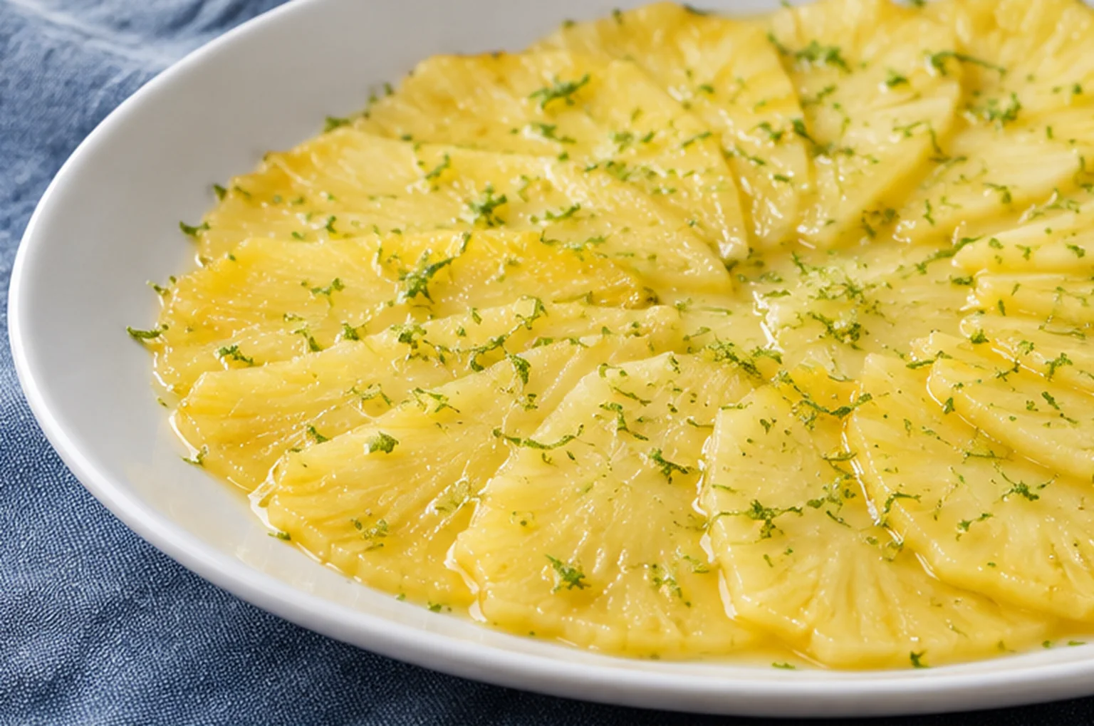 Carpaccio d’ananas au citron vert maison, fruits préparés et texture visibles dans le plat de service