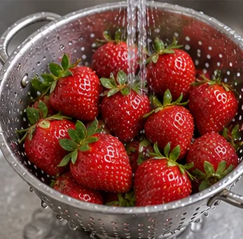 Rincer avant d’équeuter : Fraises propres et sèches.