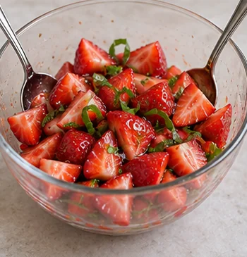 Mélanger sans écraser : Fraises intactes et basilic réparti.