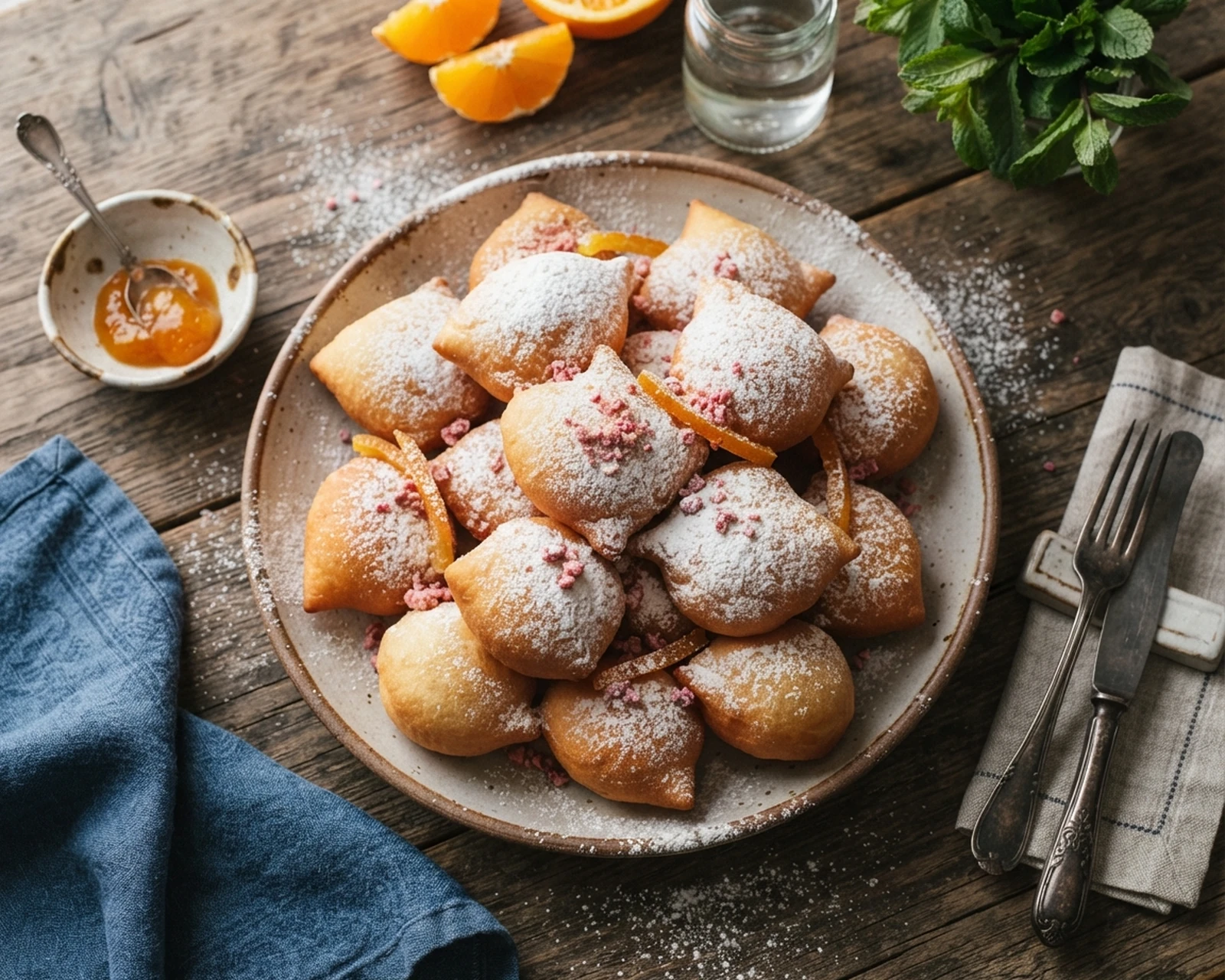 Beignets de carnaval présenté entier et en portion, avec texture intérieure visible.