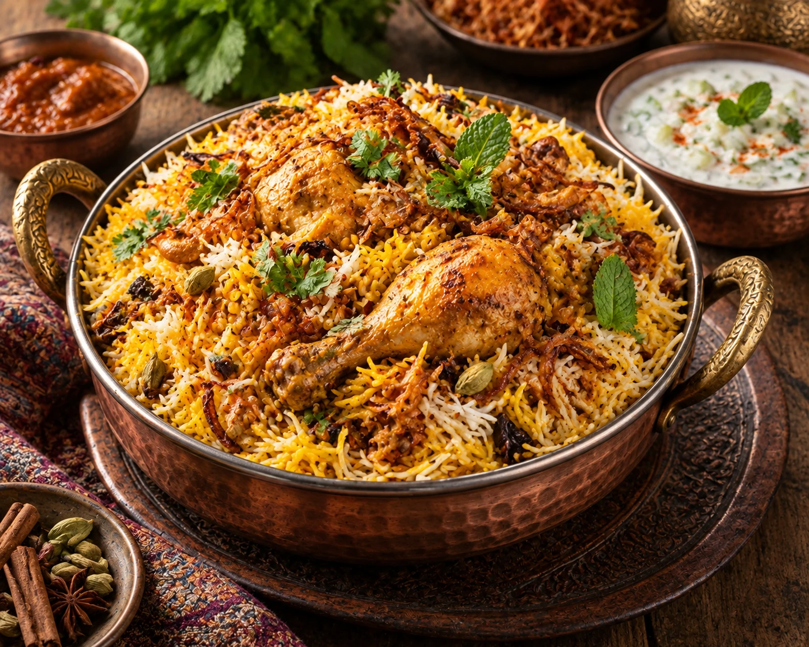 Vue rapprochée de biryani au poulet dressé et prêt à être servi