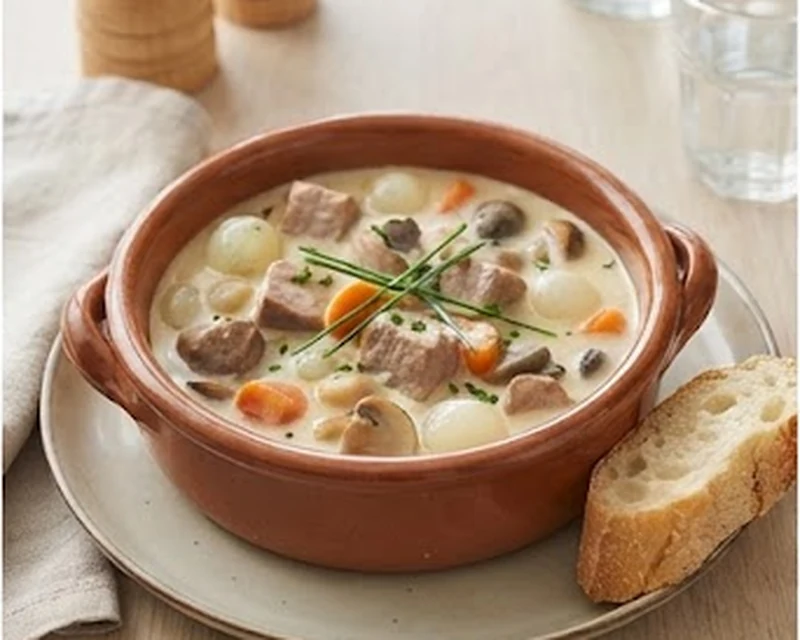 Blanquette de veau au cidre avec morceaux de veau, carottes, petits oignons et champignons
