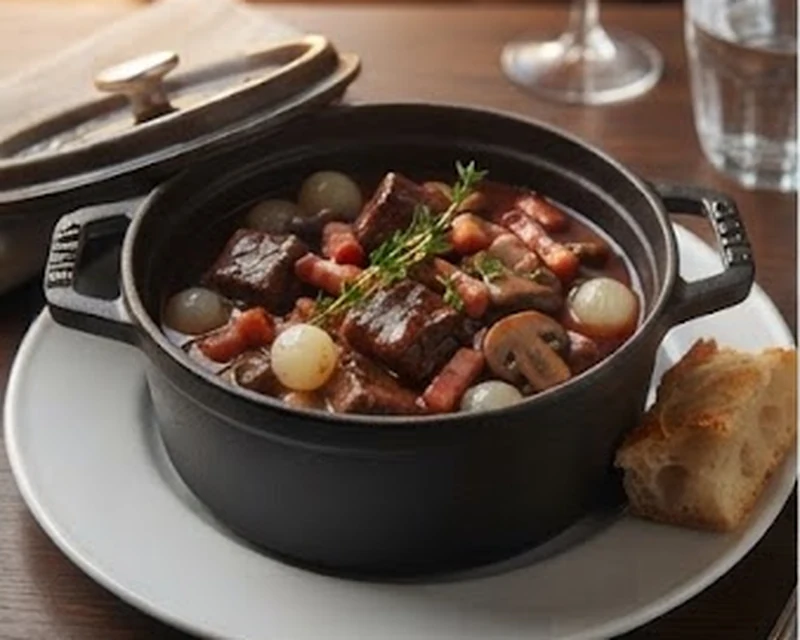 Bœuf bourguignon présenté dans son plat de service, avec sa texture et sa garniture visibles