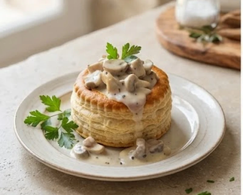 Bouchée à la reine feuilletée garnie de poulet, champignons et sauce crémeuse