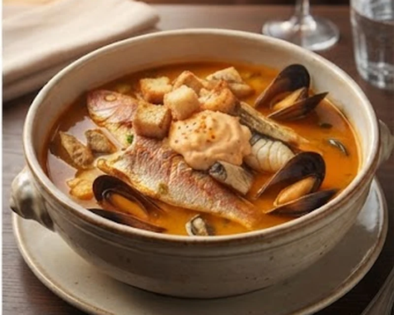 Bouillabaisse présenté dans son plat de service, avec sa texture et sa garniture visibles
