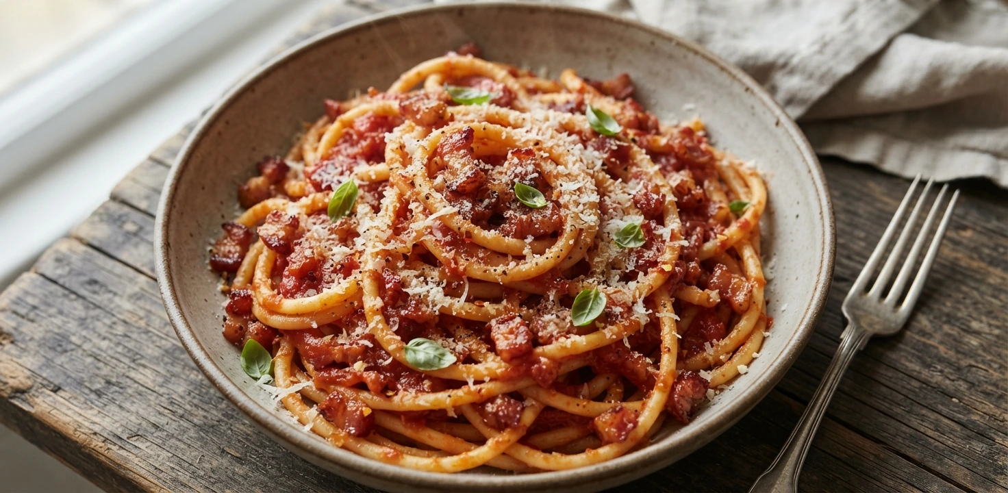 Pâtes longues à la sauce tomate, guanciale et pecorino