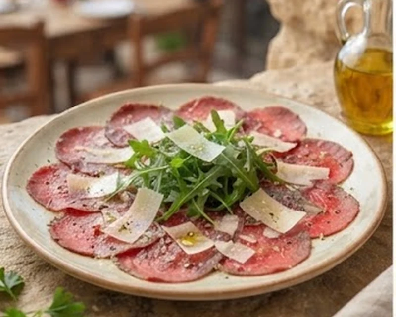 Carpaccio de bœuf finement tranché avec parmesan et roquette