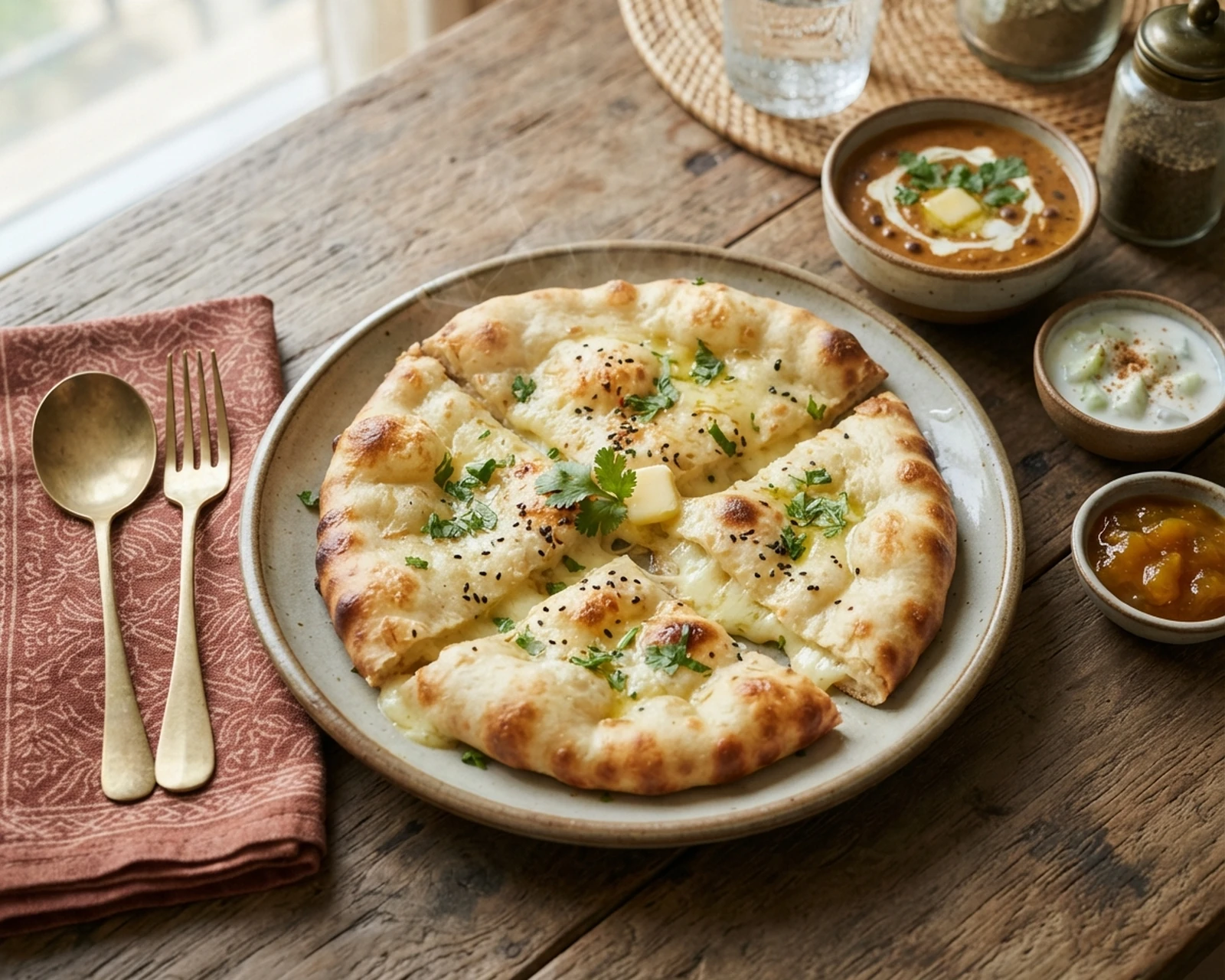 Vue rapprochée de cheese naan dressé et prêt à être servi