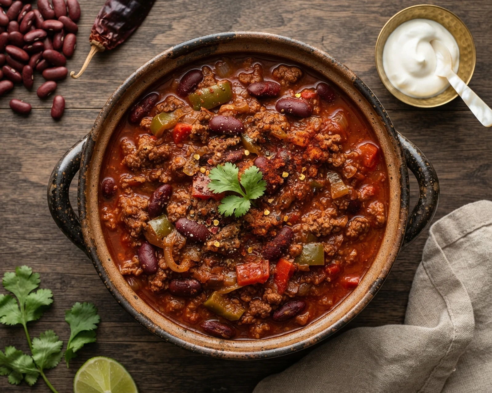Vue rapprochée de chili con carne dressé et prêt à être servi