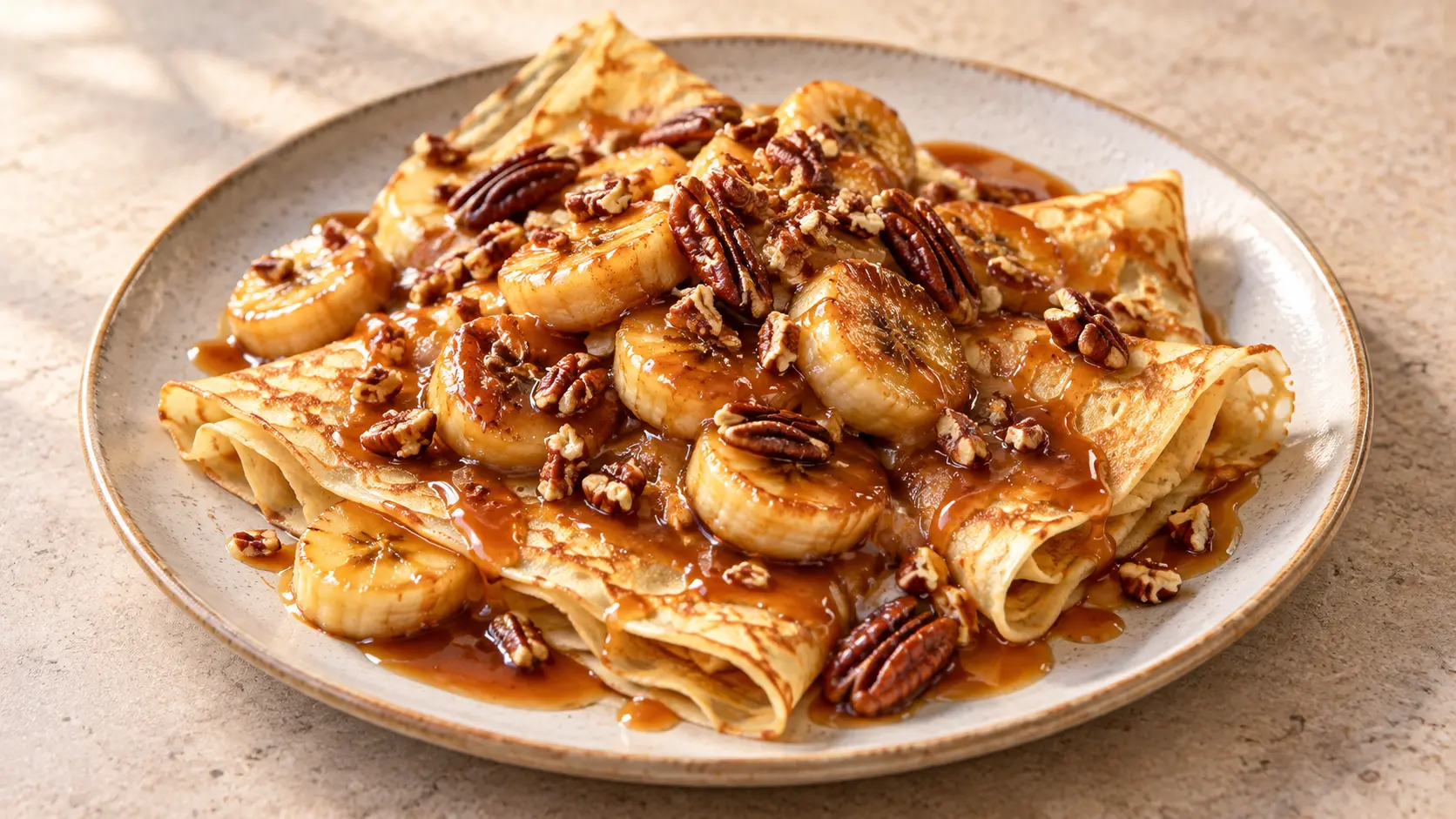 Crêpes banane, caramel et noix de pécan