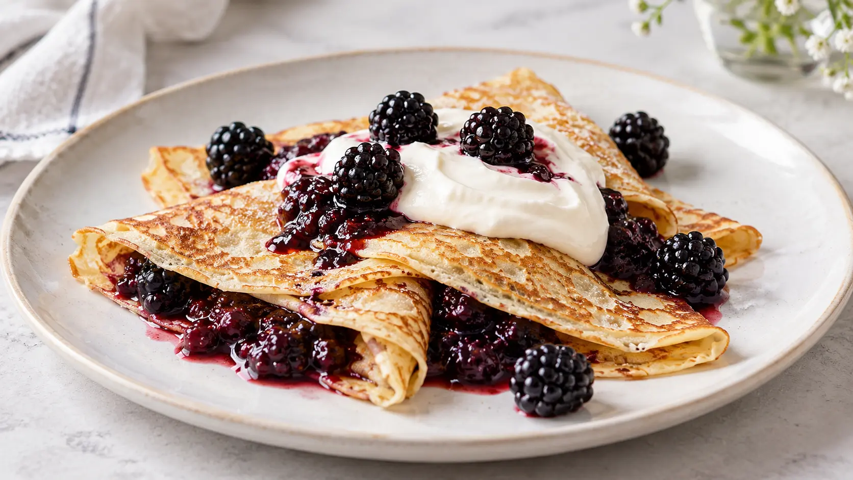 Crêpes à la compotée de mûres et au fromage blanc