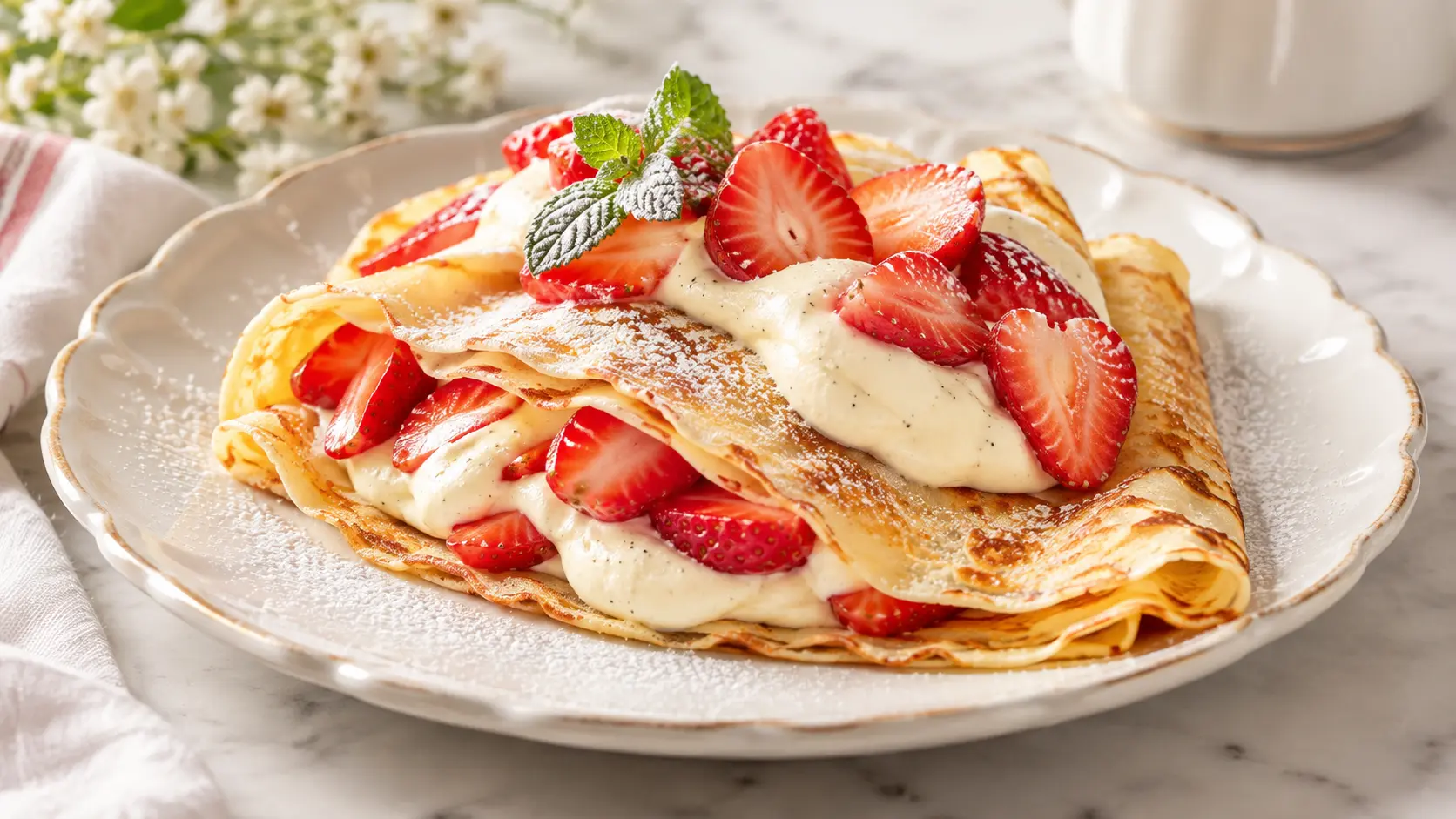 Crêpes garnies de fraises fraîches et de crème mascarpone à la vanille