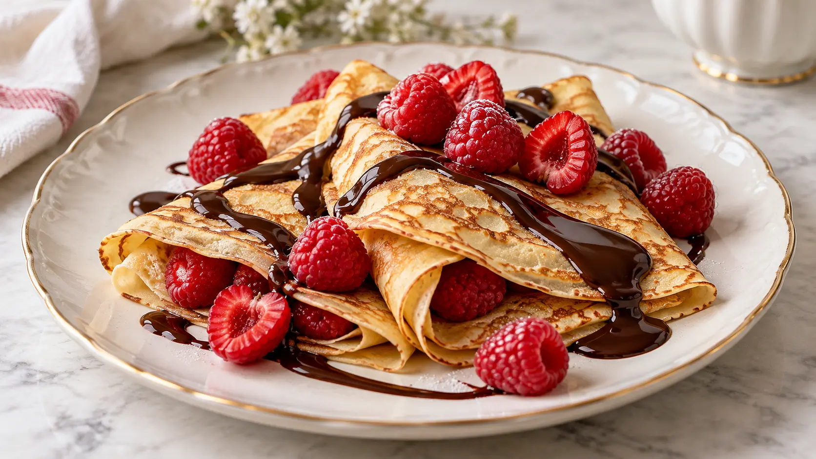 Crêpes aux framboises et au coulis de chocolat