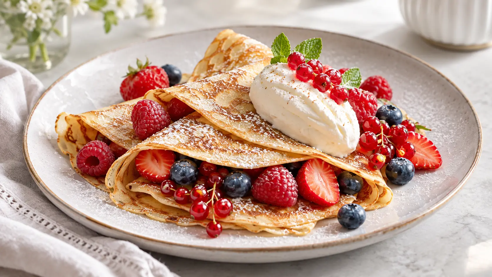 Crêpes aux fruits rouges et à la crème fouettée