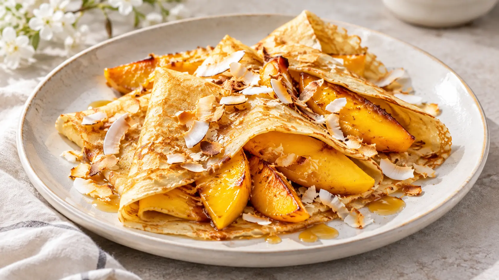Crêpes à la mangue rôtie et à la noix de coco