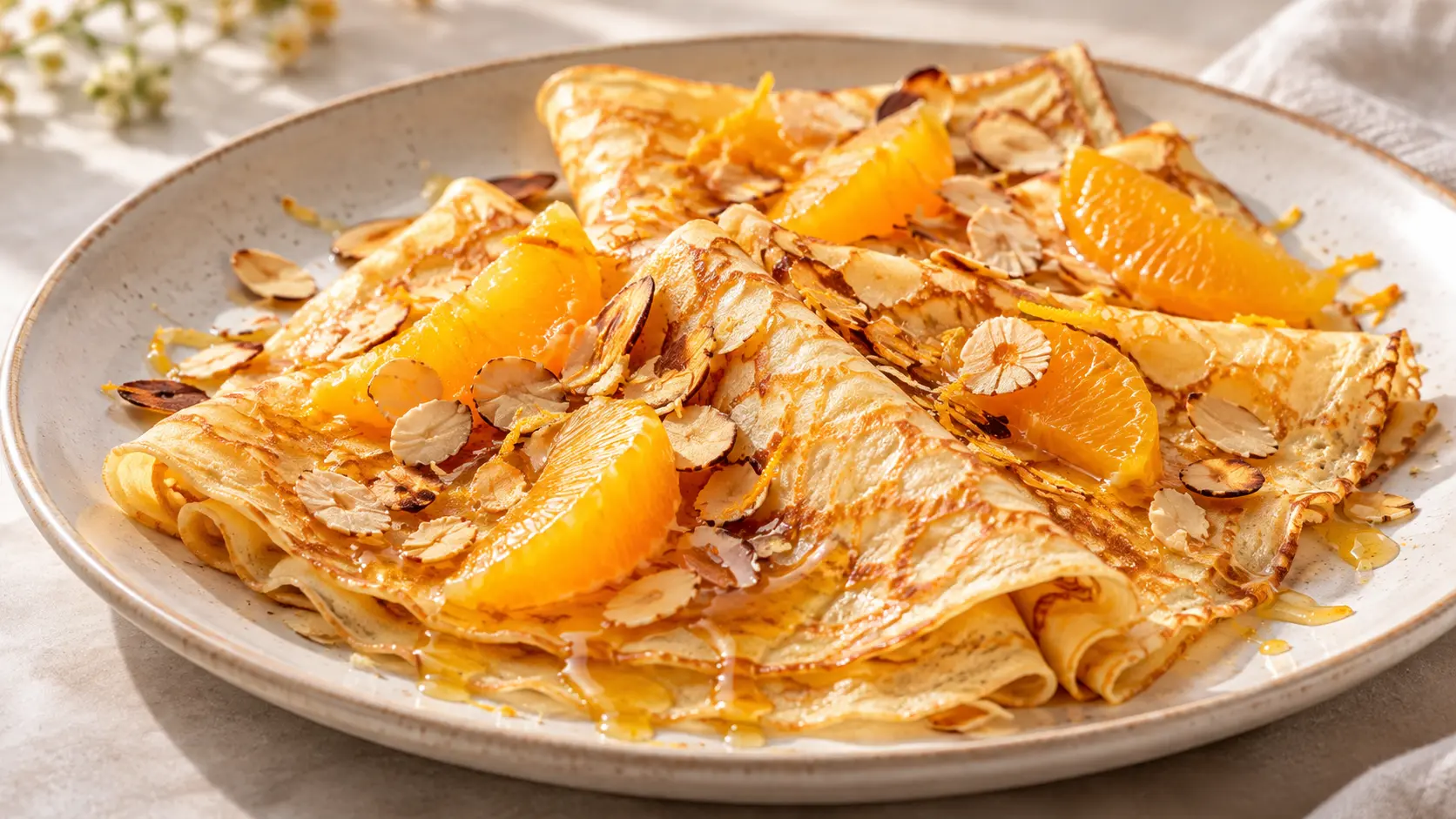 Crêpes à l’orange, au miel et aux amandes