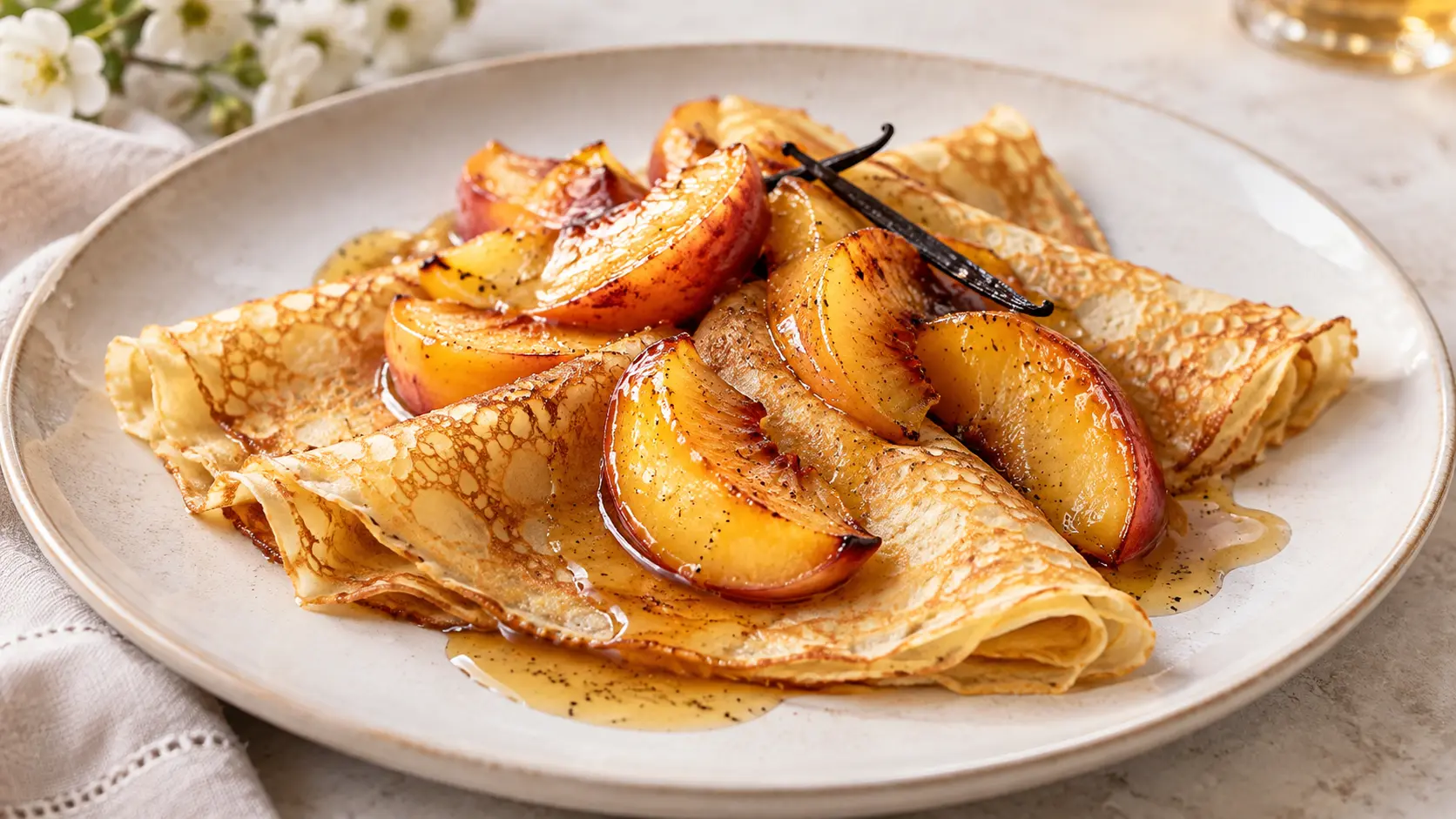 Crêpes aux pêches rôties et à la vanille
