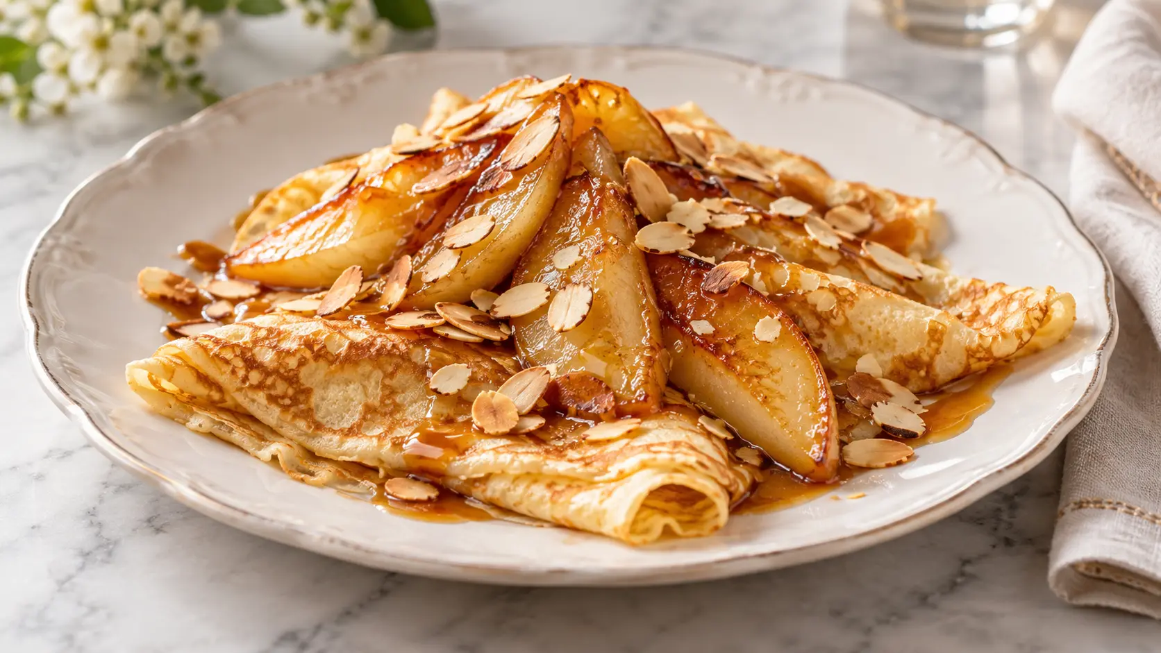 Crêpes aux poires caramélisées et aux amandes