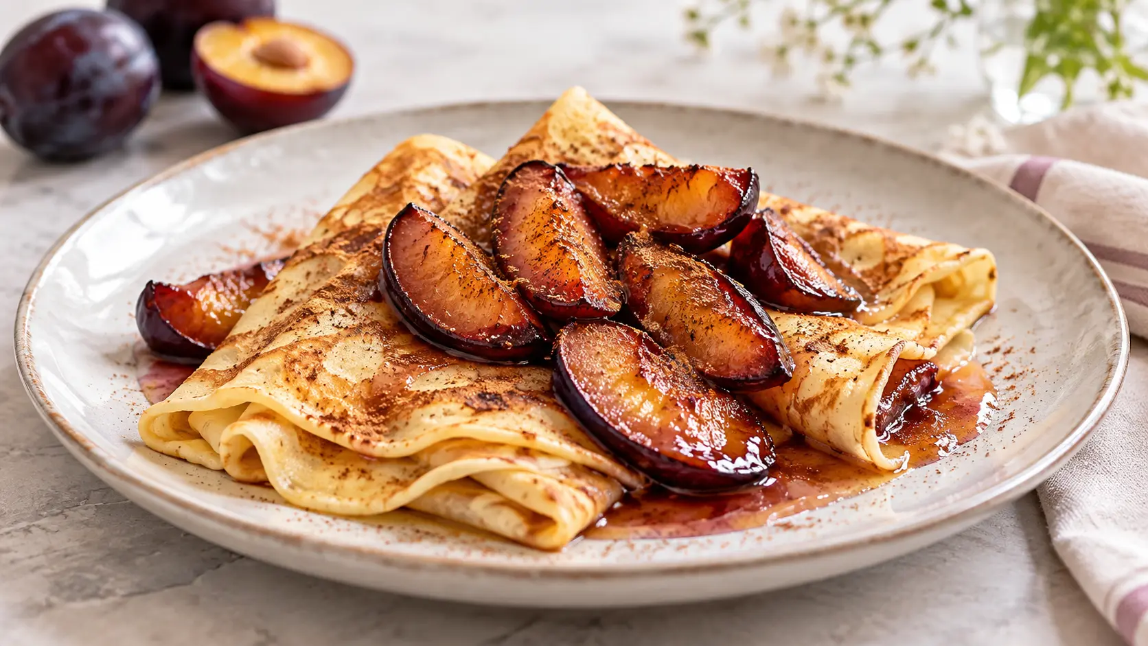 Crêpes aux prunes rôties et à la cannelle