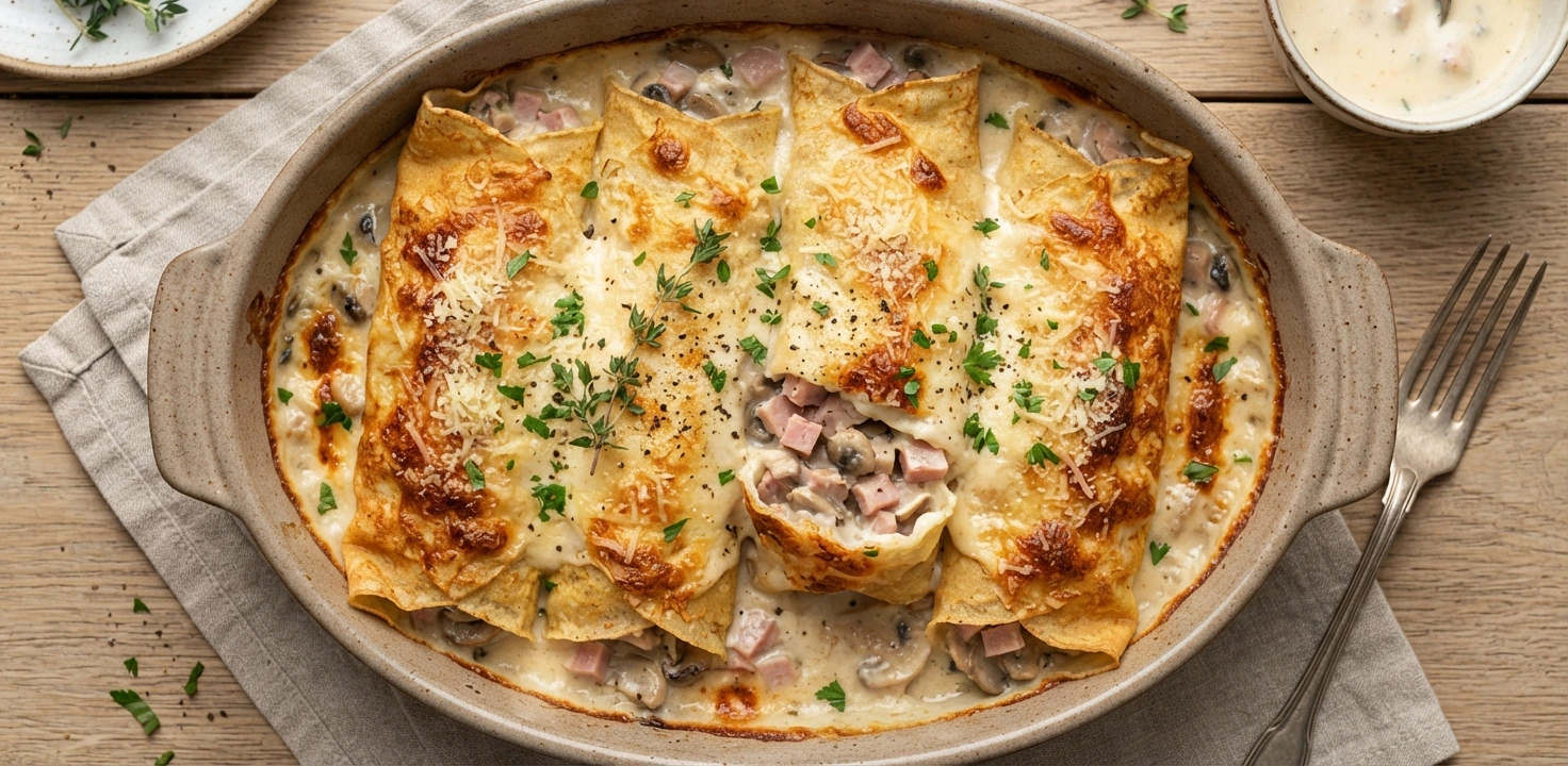 Crêpes roulées au jambon, champignons et crème