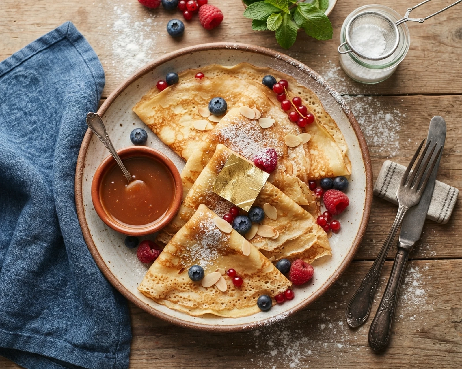 Crêpes sucrées présenté entier et en portion, avec texture intérieure visible.
