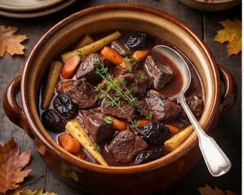 Daube de sanglier mijotée au vin rouge avec carottes et aromates dans une cocotte rustique