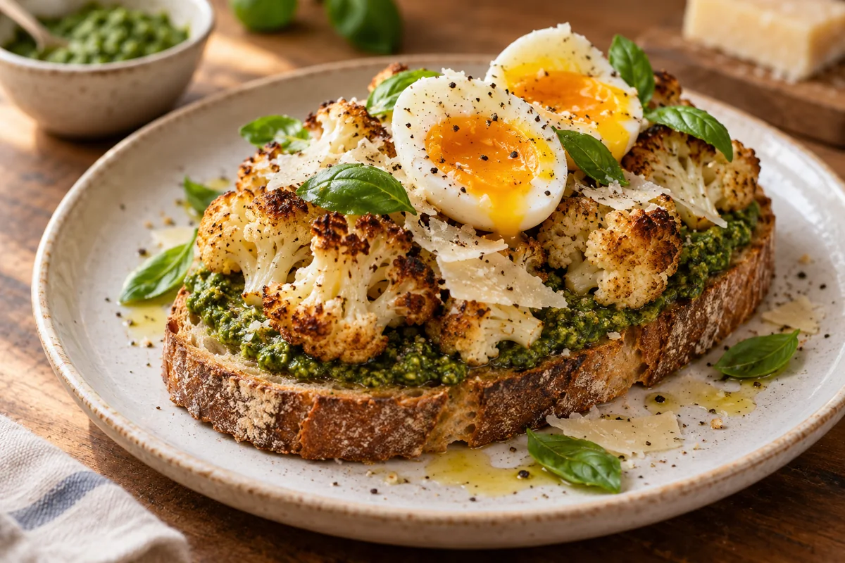 Tartine chou-fleur, pesto et œuf mollet