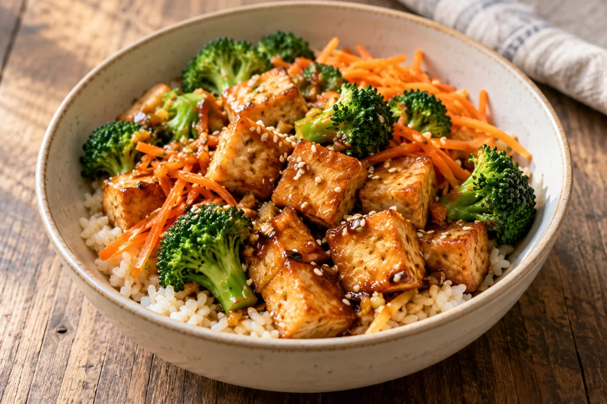 Bowl de riz au tofu, brocoli et sésame