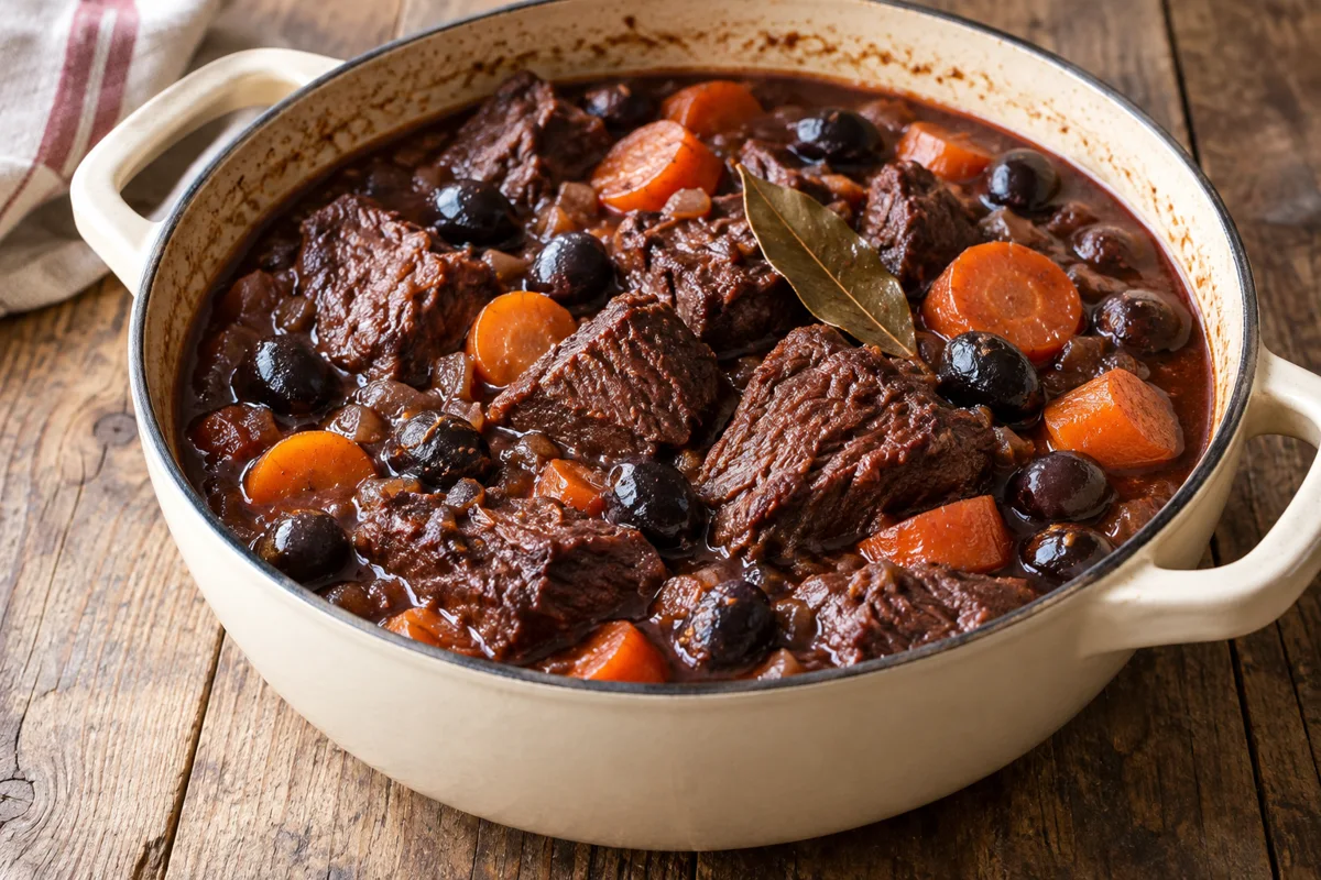 Daube de bœuf aux carottes et aux olives