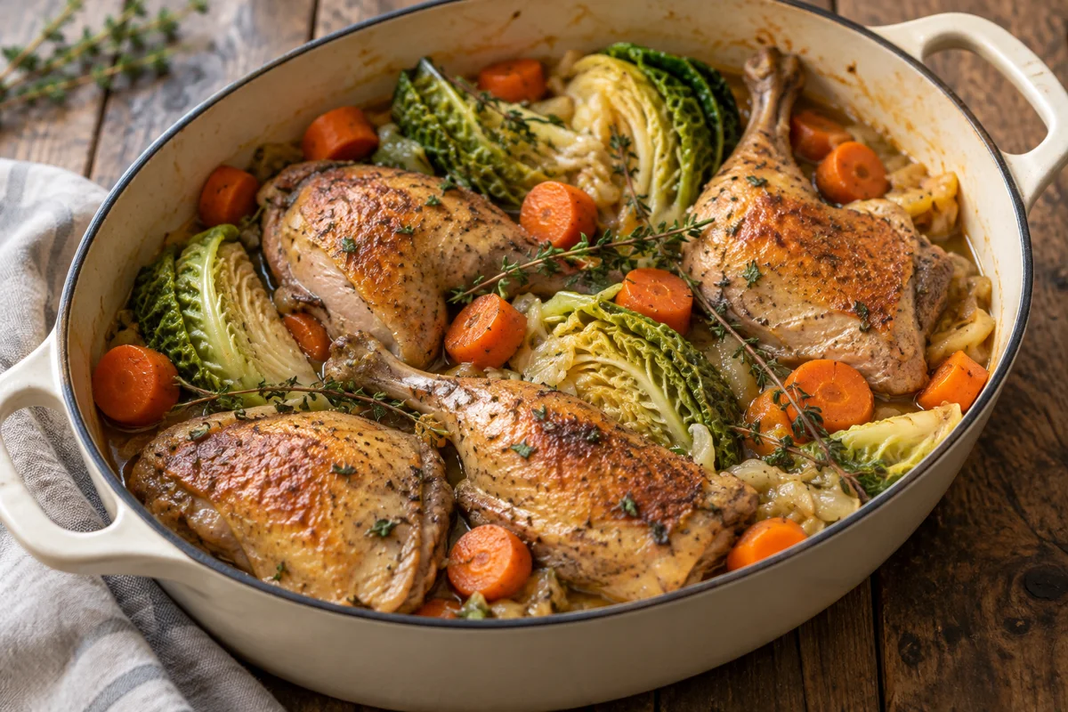 Pintade en cocotte au chou et aux carottes