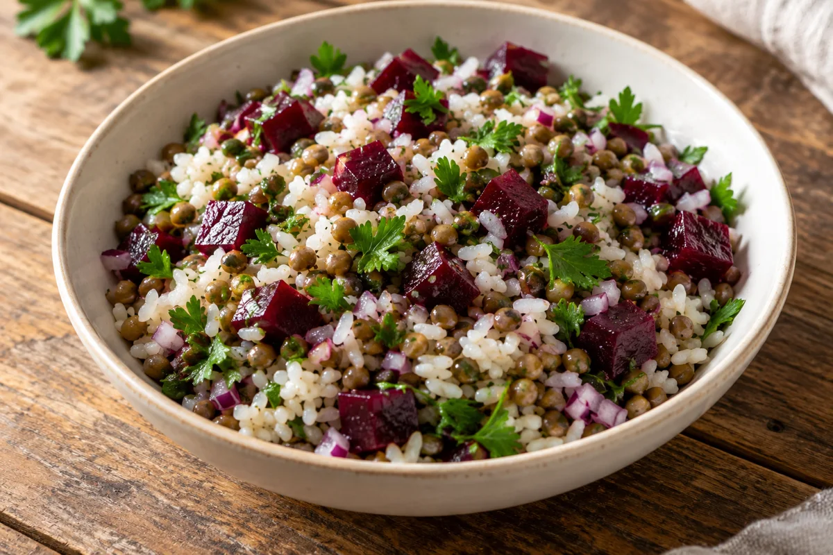 Salade de riz, lentilles et betterave