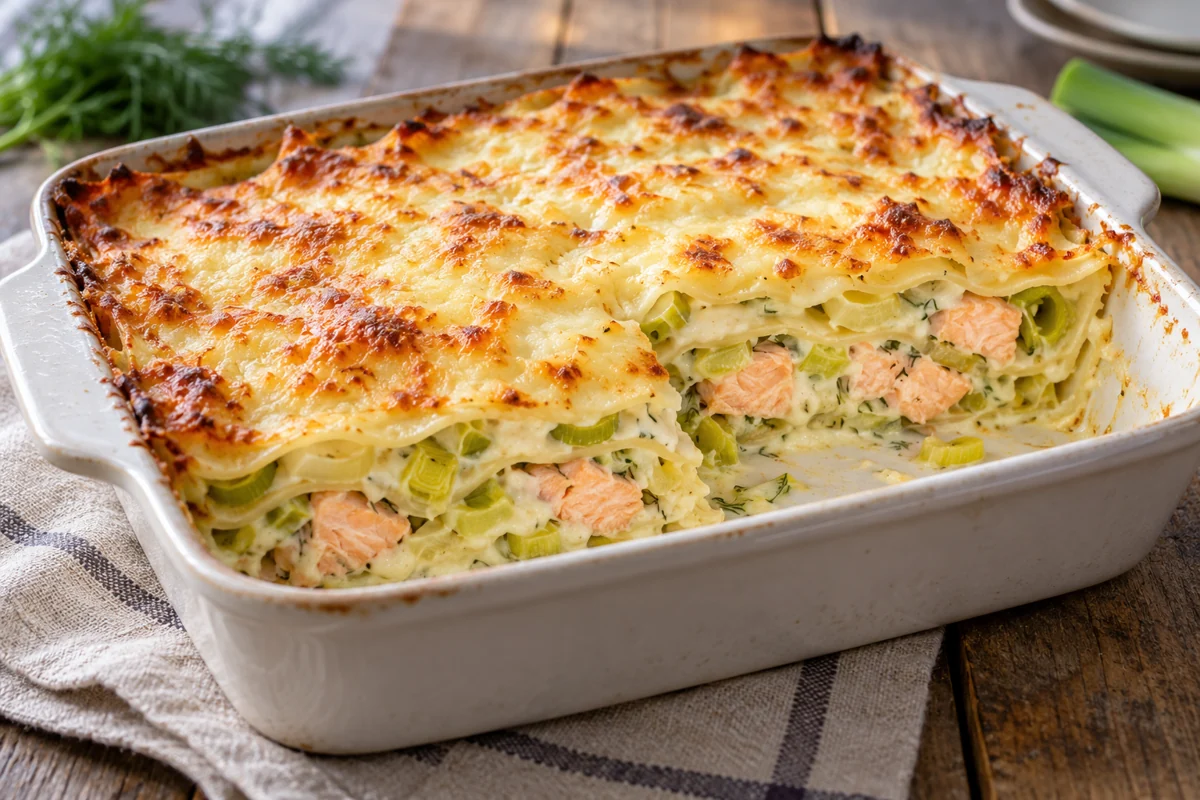 Lasagnes aux poireaux et au saumon