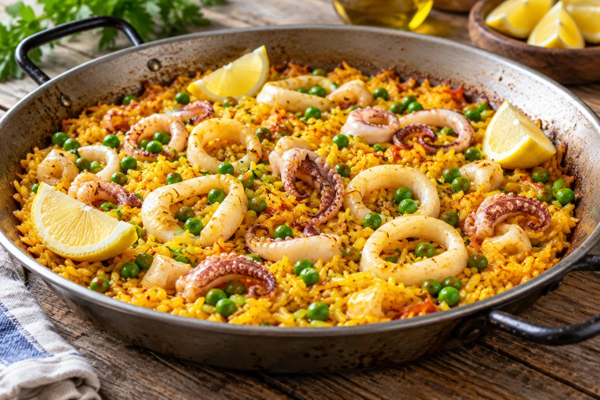 Paella aux calamars et aux petits pois