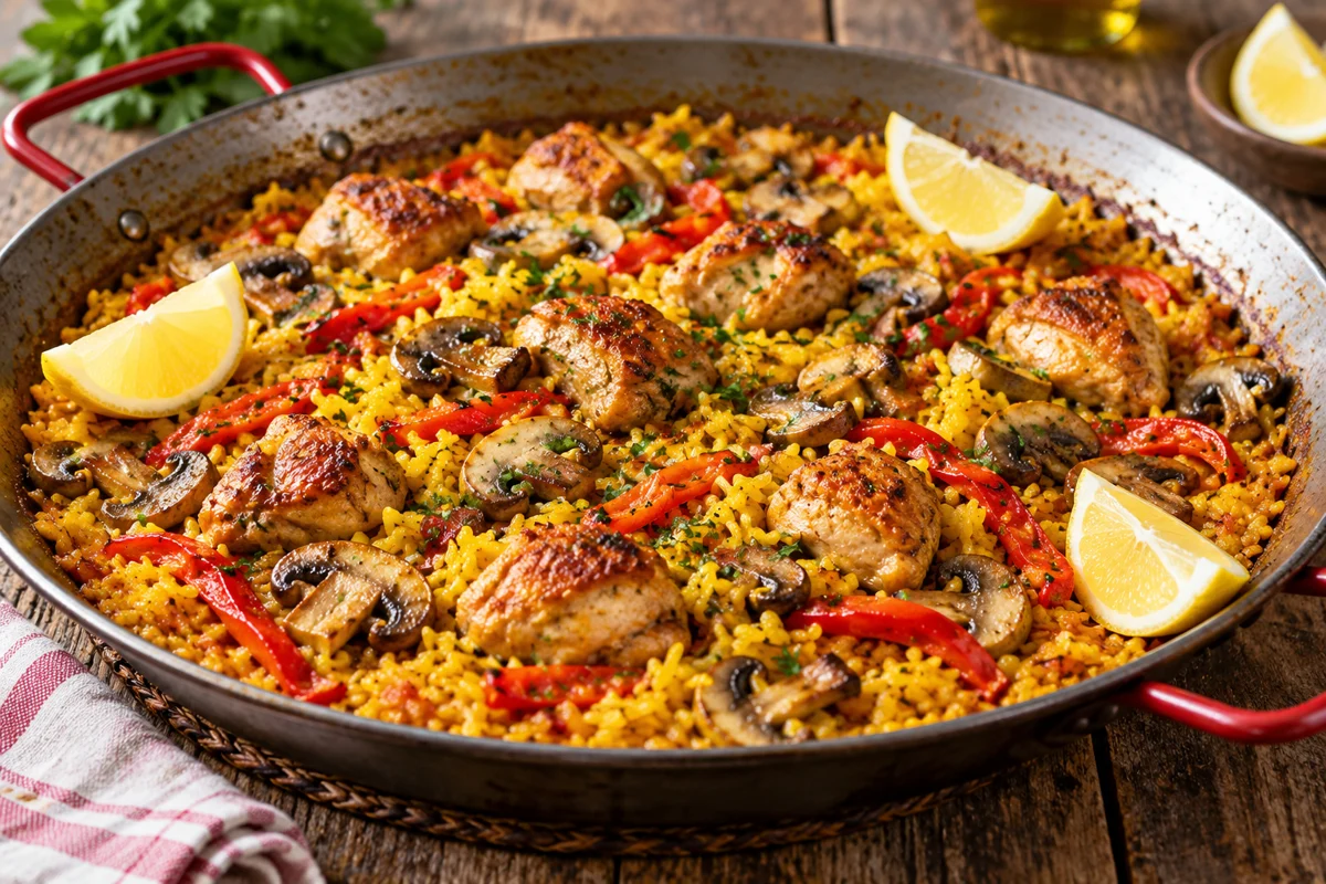 Paella de poulet aux champignons