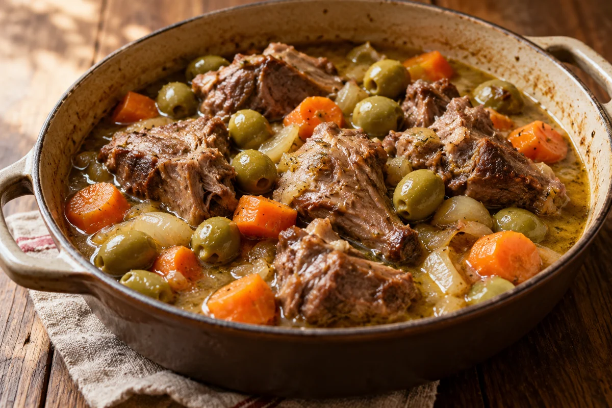 Daube d’agneau au vin blanc et aux olives
