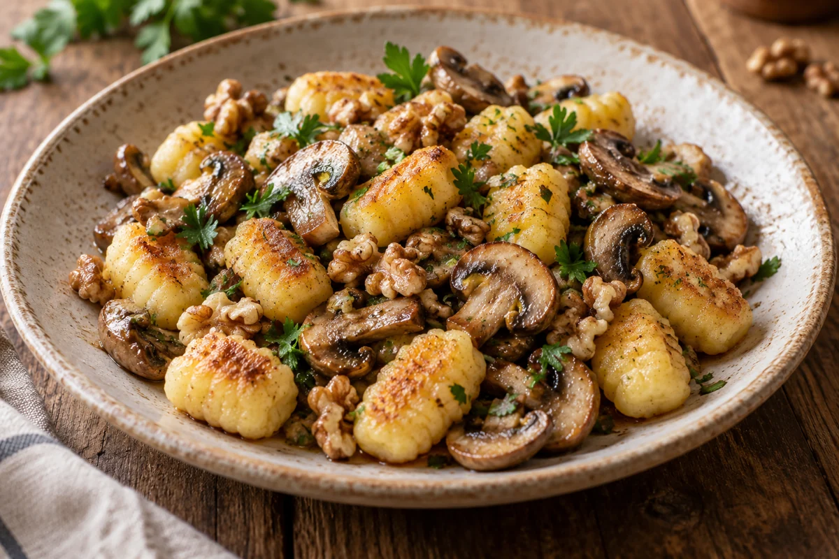 Gnocchis poêlés aux champignons et aux noix