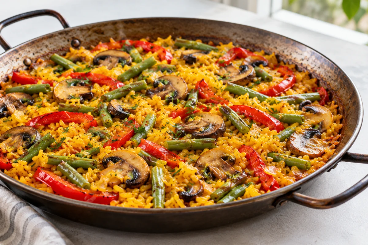 Paella végétale aux champignons et haricots verts