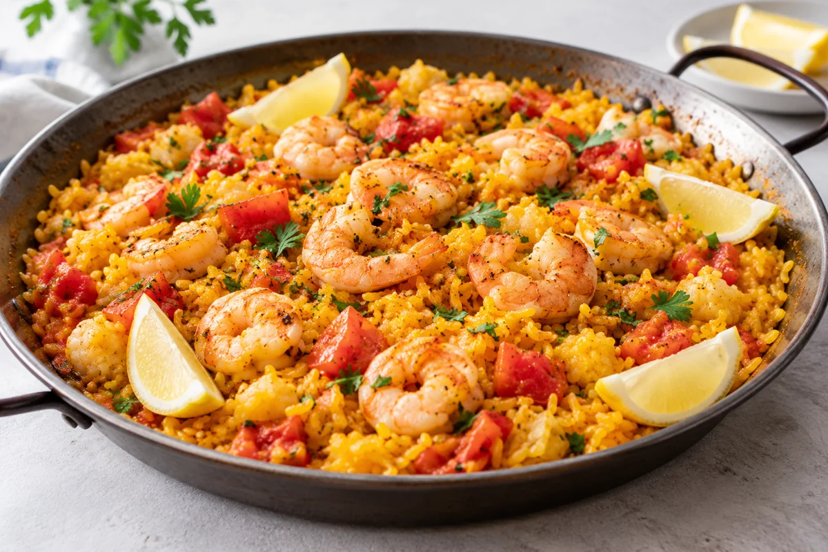 Paella aux crevettes et au citron