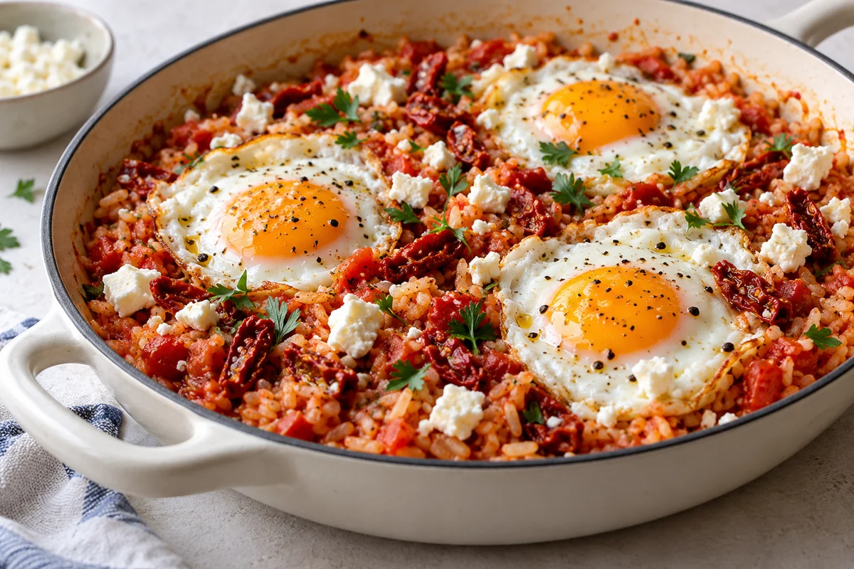 Riz aux tomates séchées, feta et œufs