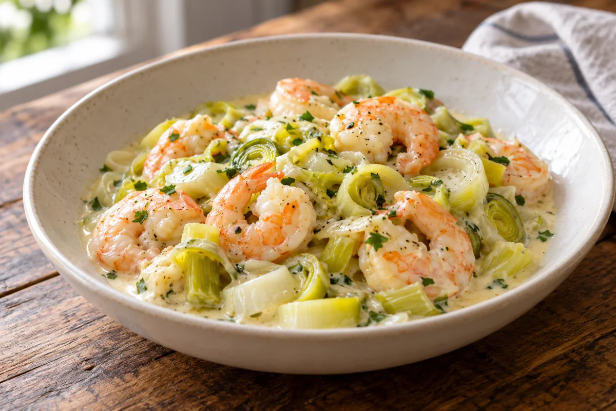 Crevettes aux poireaux à la crème